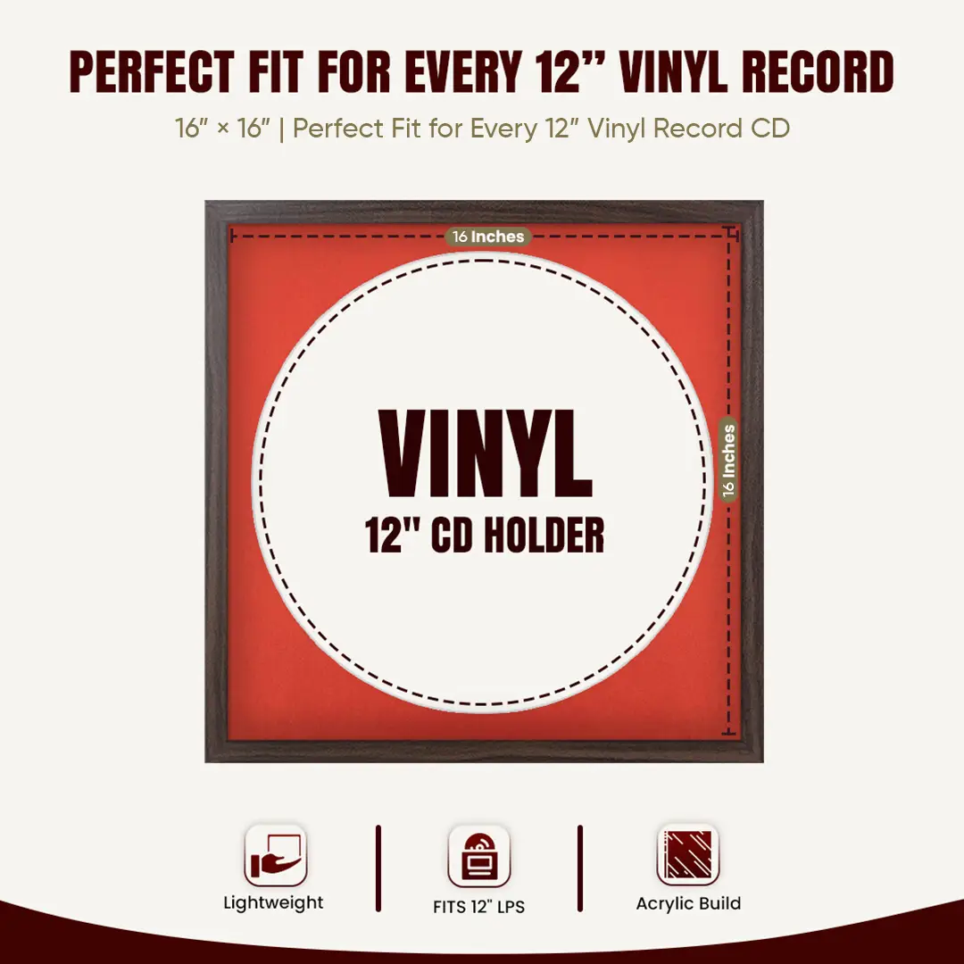 16x16" Modern Sleek Walnut Vinyl Record Frame With Poppy Red Mount For 12" LP Discs | Elegant Frame For Music Lovers thumbnail 3