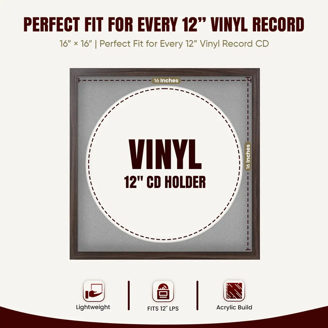 16x16" Modern Sleek Walnut Vinyl Record Frame With Silver Mount For 12" LP Discs | Premium Wall Frame For Music Enthusiasts thumbnail 3