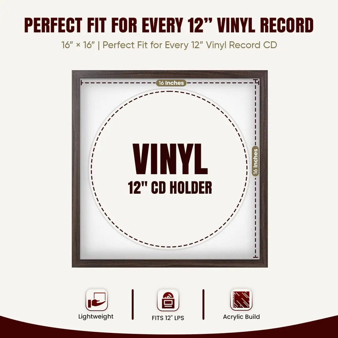 16x16" Modern Sleek Walnut Vinyl Record Frame With Ice White Mount For 12" LP Discs | Contemporary Wall Display thumbnail 3