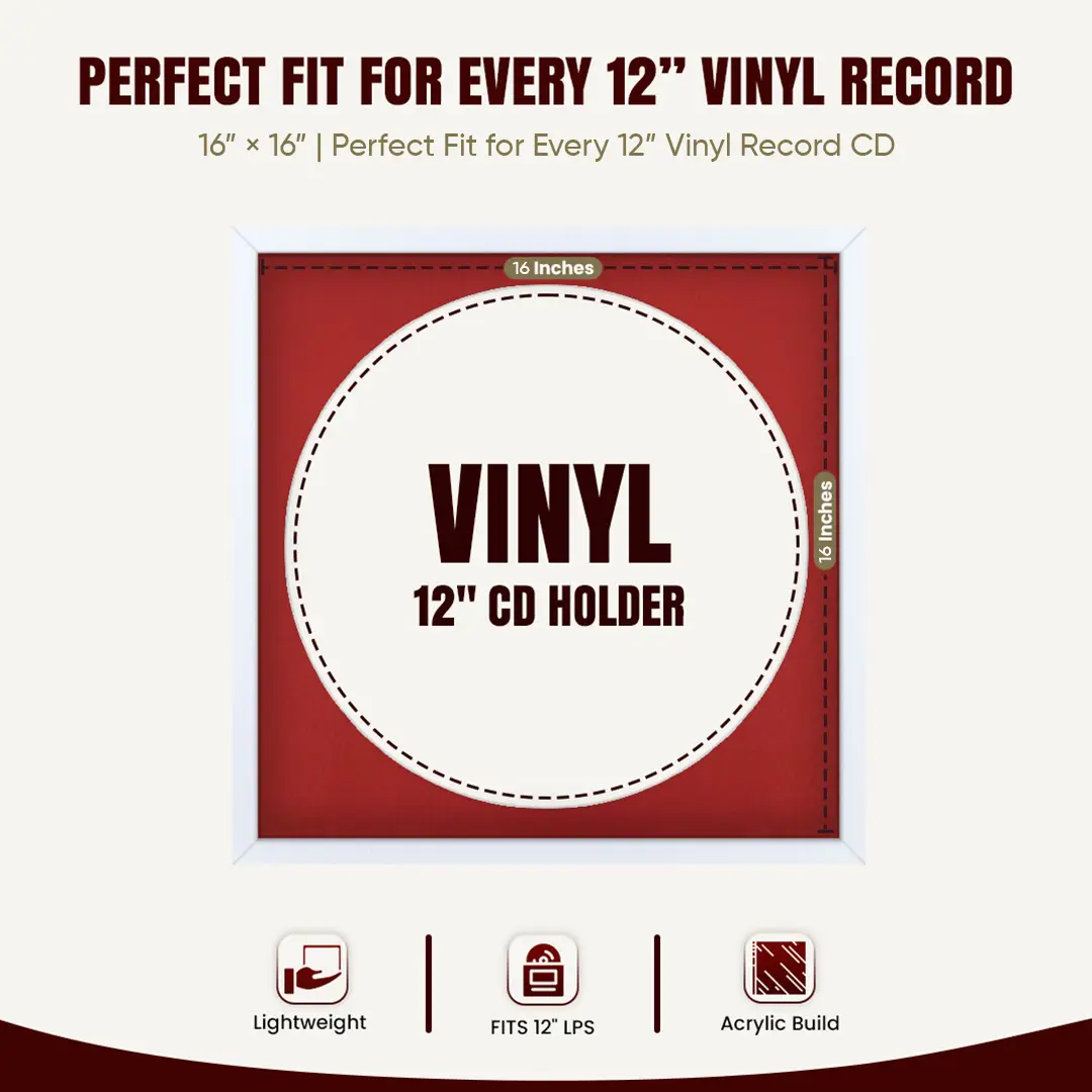 16x16" Modern Sleek White Vinyl Record Frame With Crimson Mount For 12" LP Discs | Premium Wall Frame For Music Enthusiasts thumbnail 3