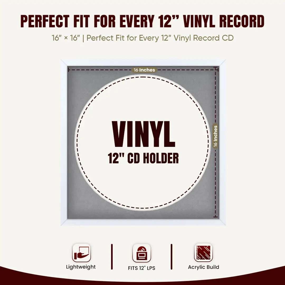 16x16" Modern Sleek White Vinyl Record Frame With Mid Grey Mount For 12" LP Discs | Premium Wall Frame For Music Enthusiasts thumbnail 3