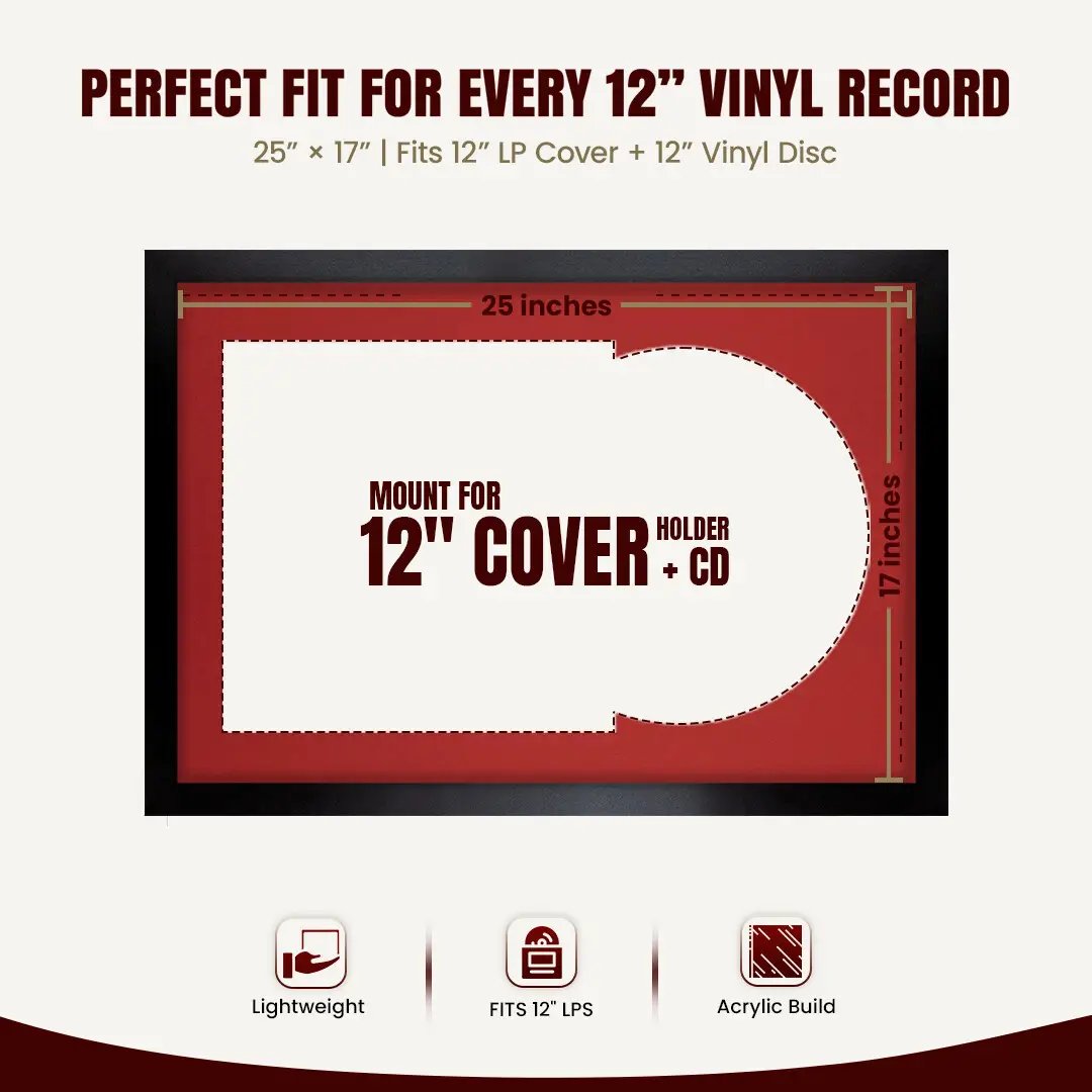 25x17" Modern Sleek Black Vinyl Record Frame For 12 Inch LP Cover & Disc (Overlapped) With Crimson Mount | Elegant Music Display thumbnail 3