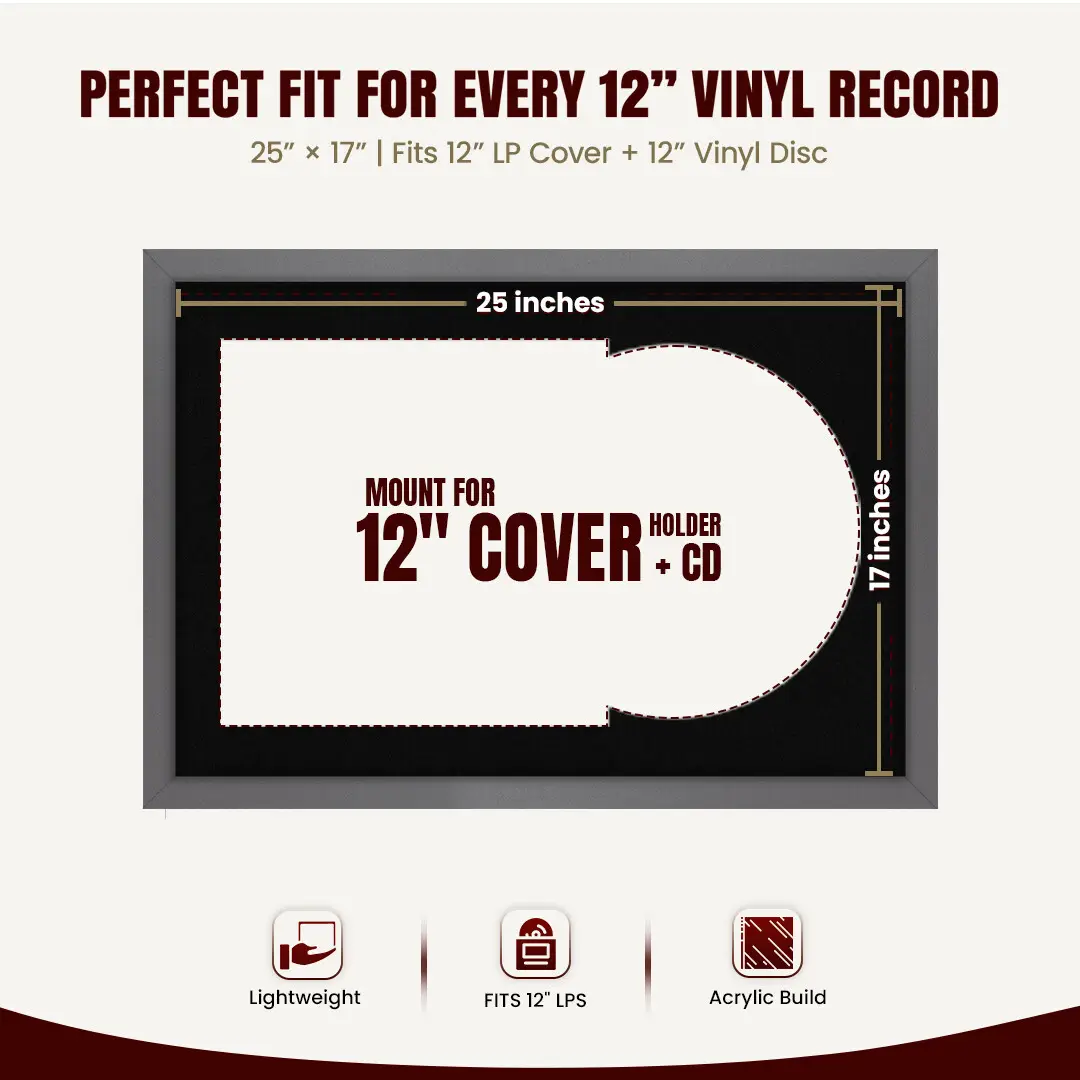 25x17" Modern Sleek Dark Grey Vinyl Record Frame For 12 Inch LP Cover & Disc (Overlapped) With Black Mount | Elegant Music Display thumbnail 3