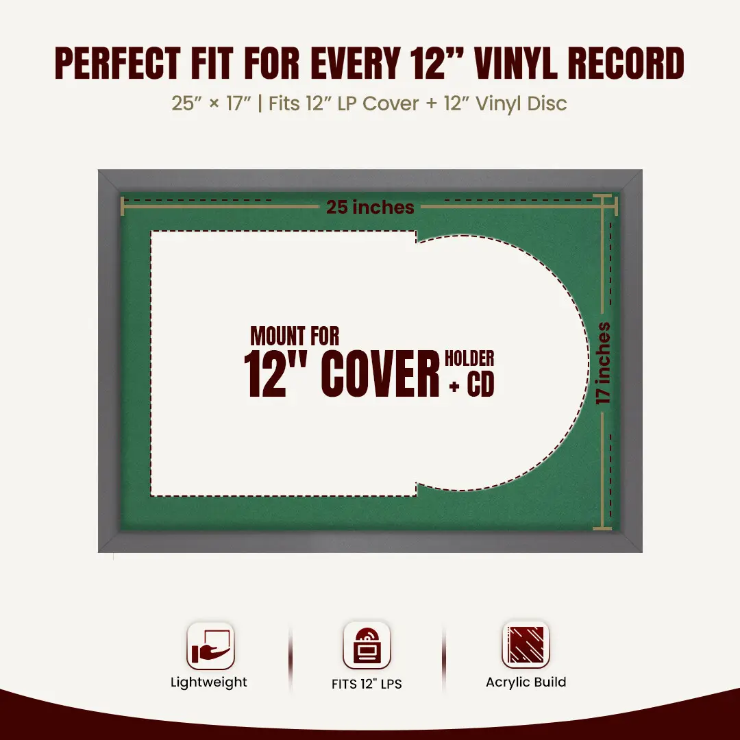 25x17" Modern Sleek Dark Grey Vinyl Record Frame For LP Cover & Disc With Emerald (Green) Mount | Overlapped Display thumbnail 3