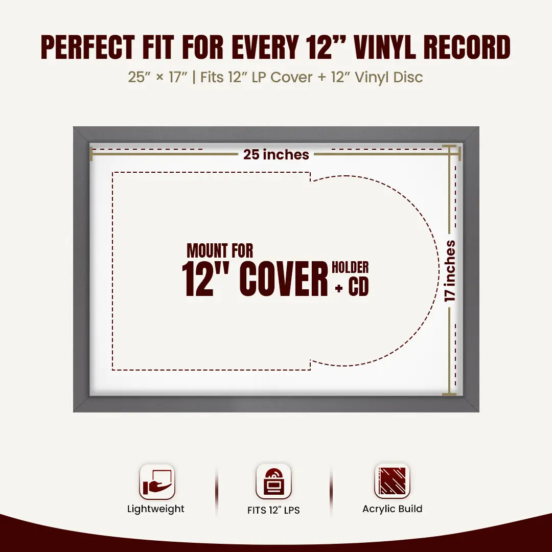 25x17" Modern Sleek Dark Grey Vinyl Record Frame For 12 Inch LP Cover & Disc (Overlapped) With Ice White Mount | Elegant Music Display thumbnail 3