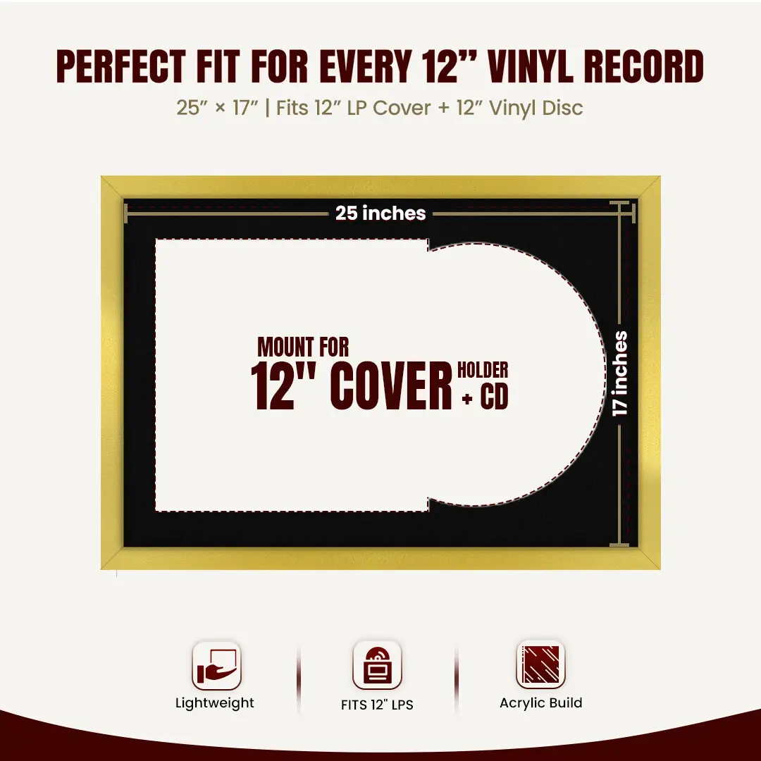 25x17" Modern Sleek Gold Vinyl Record Frame For LP Cover & Disc With Black Mount | Overlapped Display thumbnail 3