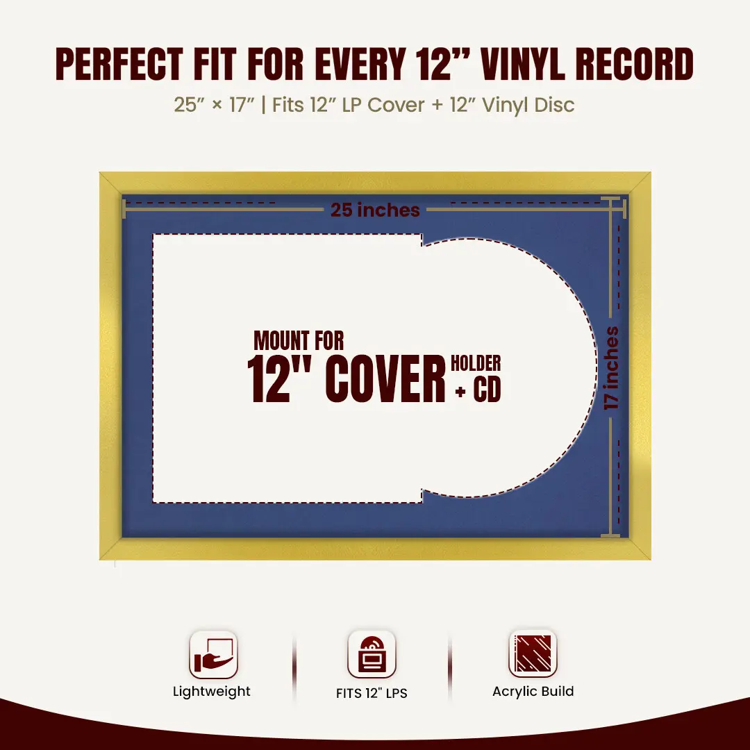 25x17" Modern Sleek Gold Vinyl Record Frame For 12 Inch LP Cover & Disc With Blue Mount | Overlapped Vinyl Display thumbnail 3