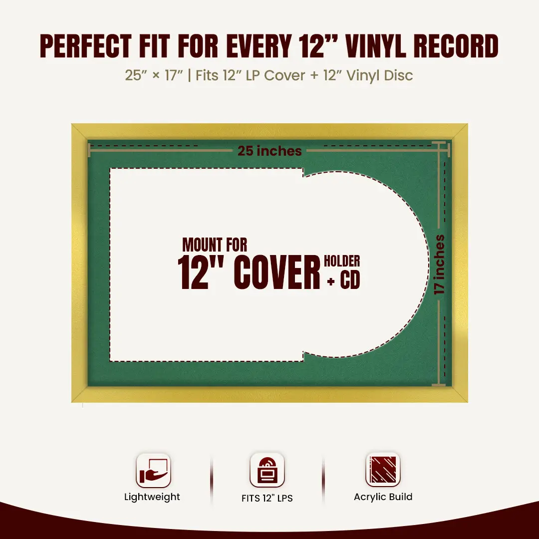 25x17" Modern Sleek Gold Vinyl Record Frame For LP Cover & Disc With Emerald (Green) Mount | Overlapped Display thumbnail 3