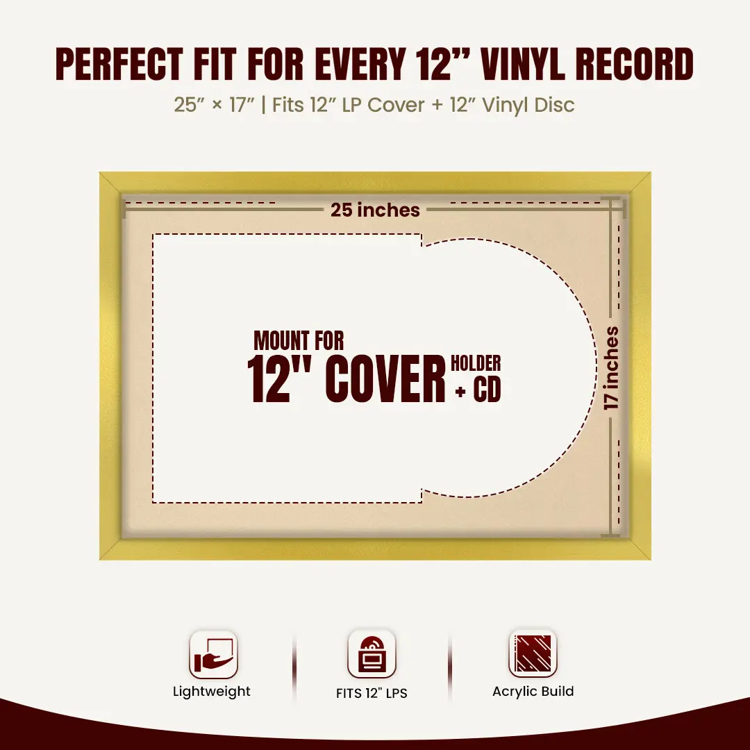 25x17" Modern Sleek Gold Vinyl Record Frame For 12 Inch LP Cover & Disc With Ivory Mount | Overlapped Vinyl Display thumbnail 3