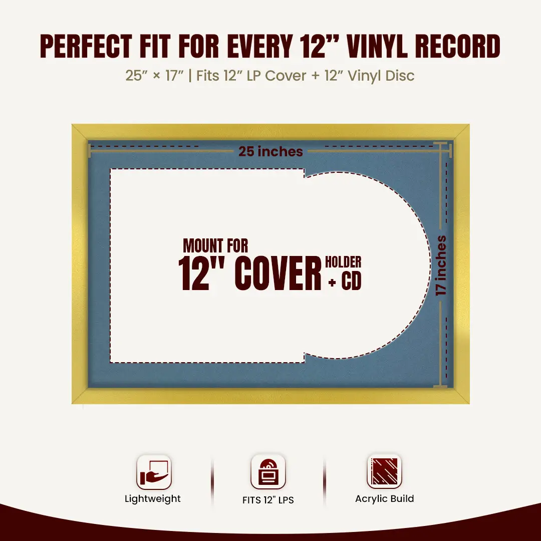 25x17" Modern Sleek Gold Vinyl Record Frame For 12 Inch LP Cover & Disc (Overlapped) With Pompador Mount | Elegant Music Display thumbnail 3