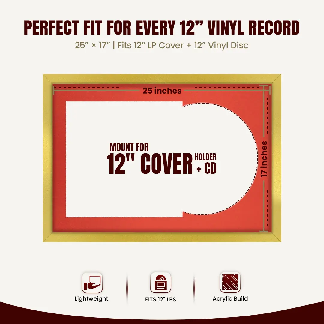 25x17" Modern Sleek Gold Vinyl Record Frame For LP Cover & Disc With Poppy Red Mount | Overlapped Display thumbnail 3