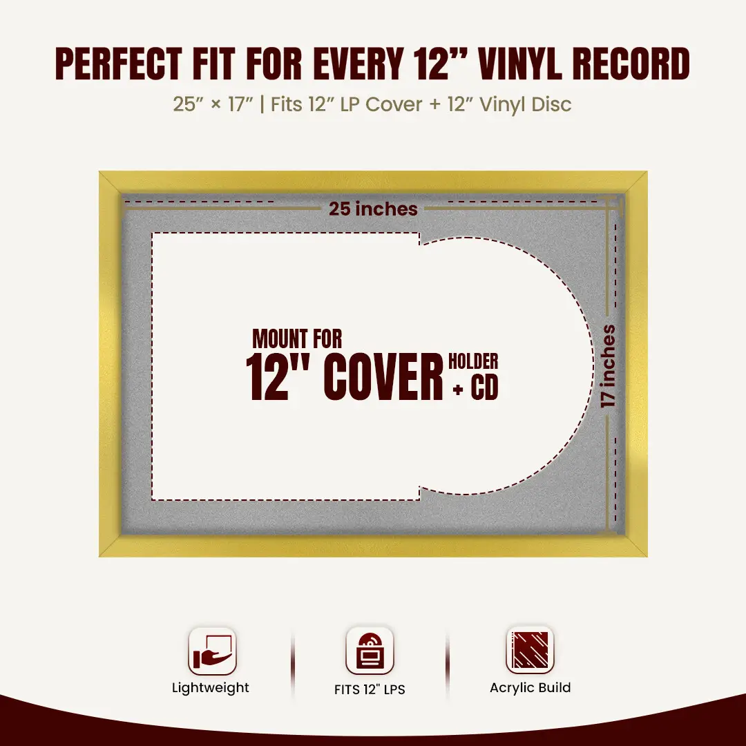25x17" Modern Sleek Gold Vinyl Record Frame For 12 Inch LP Cover & Disc With Black Mount | Overlapped Vinyl Display thumbnail 3