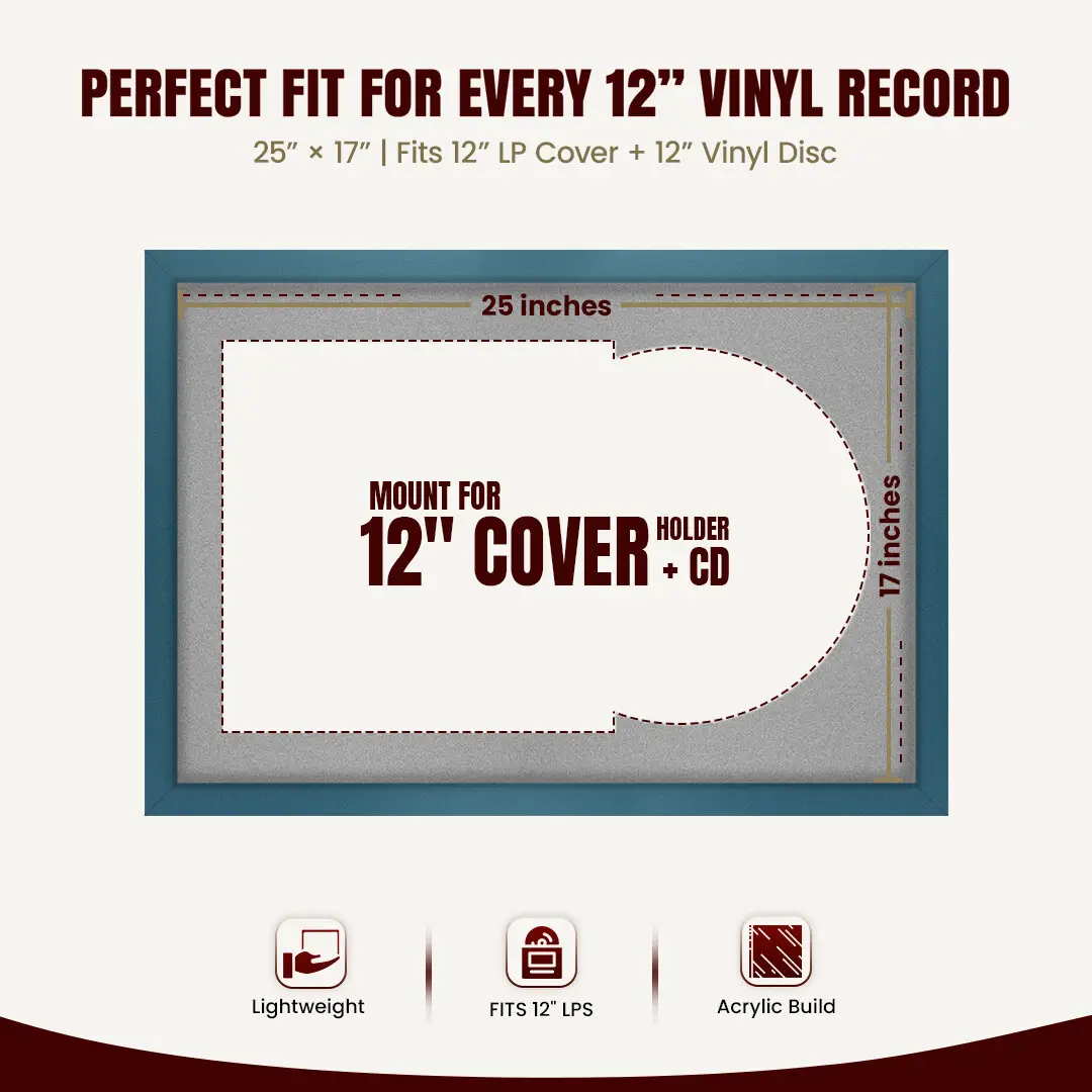 25x17" Modern Sleek Navy Blue Vinyl Record Frame For 12 Inch LP Cover & Disc With Silver Mount | Overlapped Vinyl Display thumbnail 3