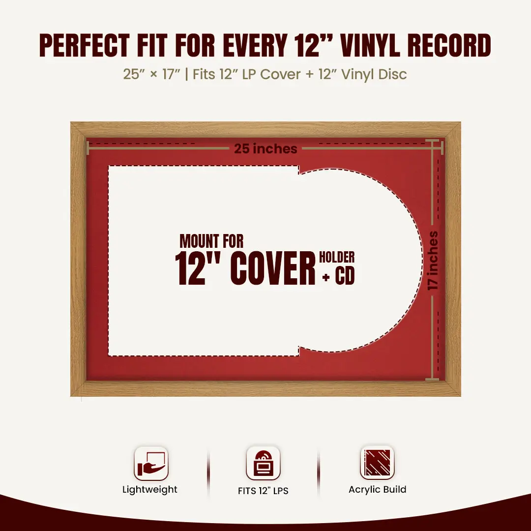 25x17" Modern Sleek Oak Vinyl Record Frame For 12 Inch LP Cover & Disc With Crimson Mount | Overlapped Vinyl Display thumbnail 3