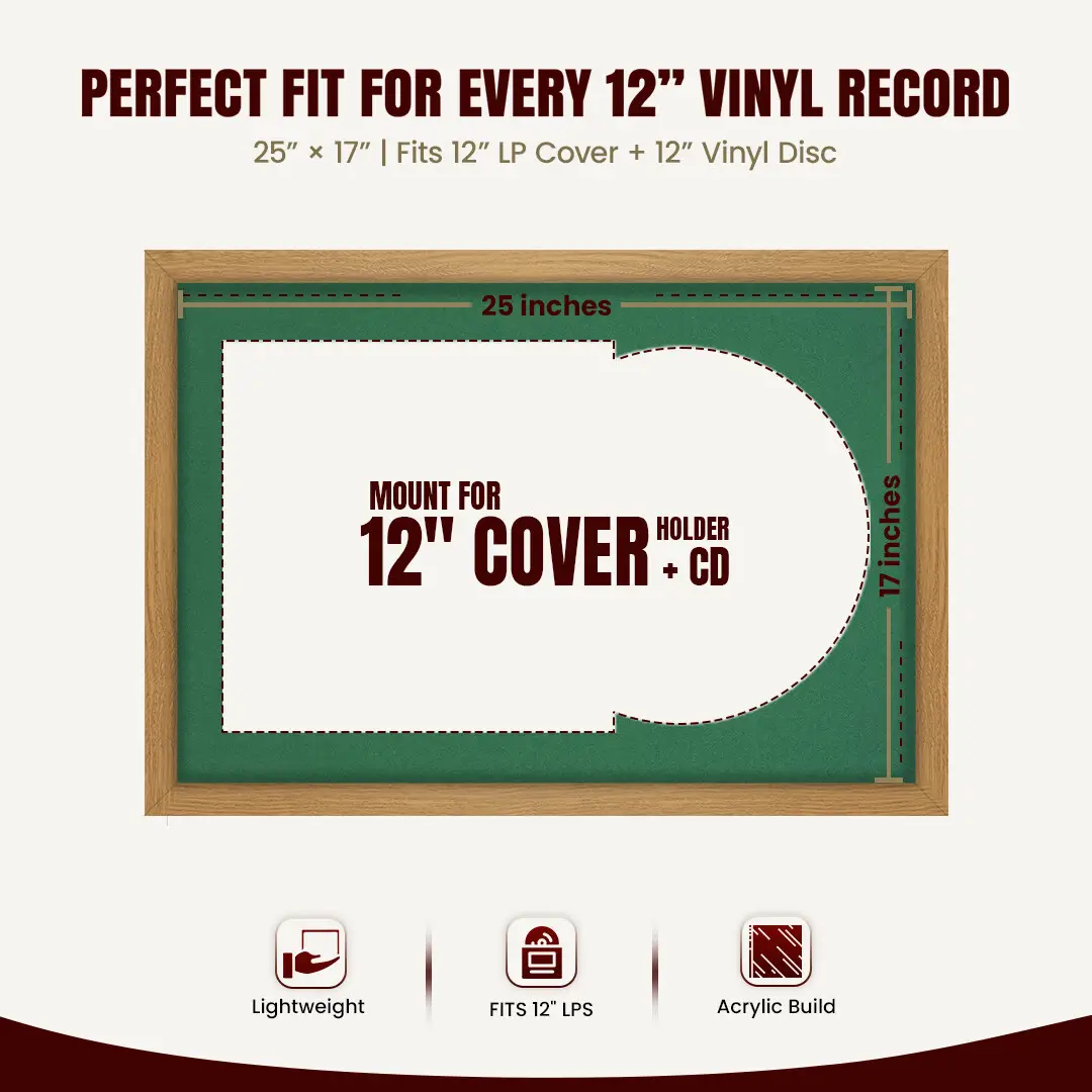 25x17" Modern Sleek Oak Vinyl Record Frame For 12 Inch LP Cover & Disc (Overlapped) With Emerald (Green) Mount | Elegant Music Display thumbnail 3