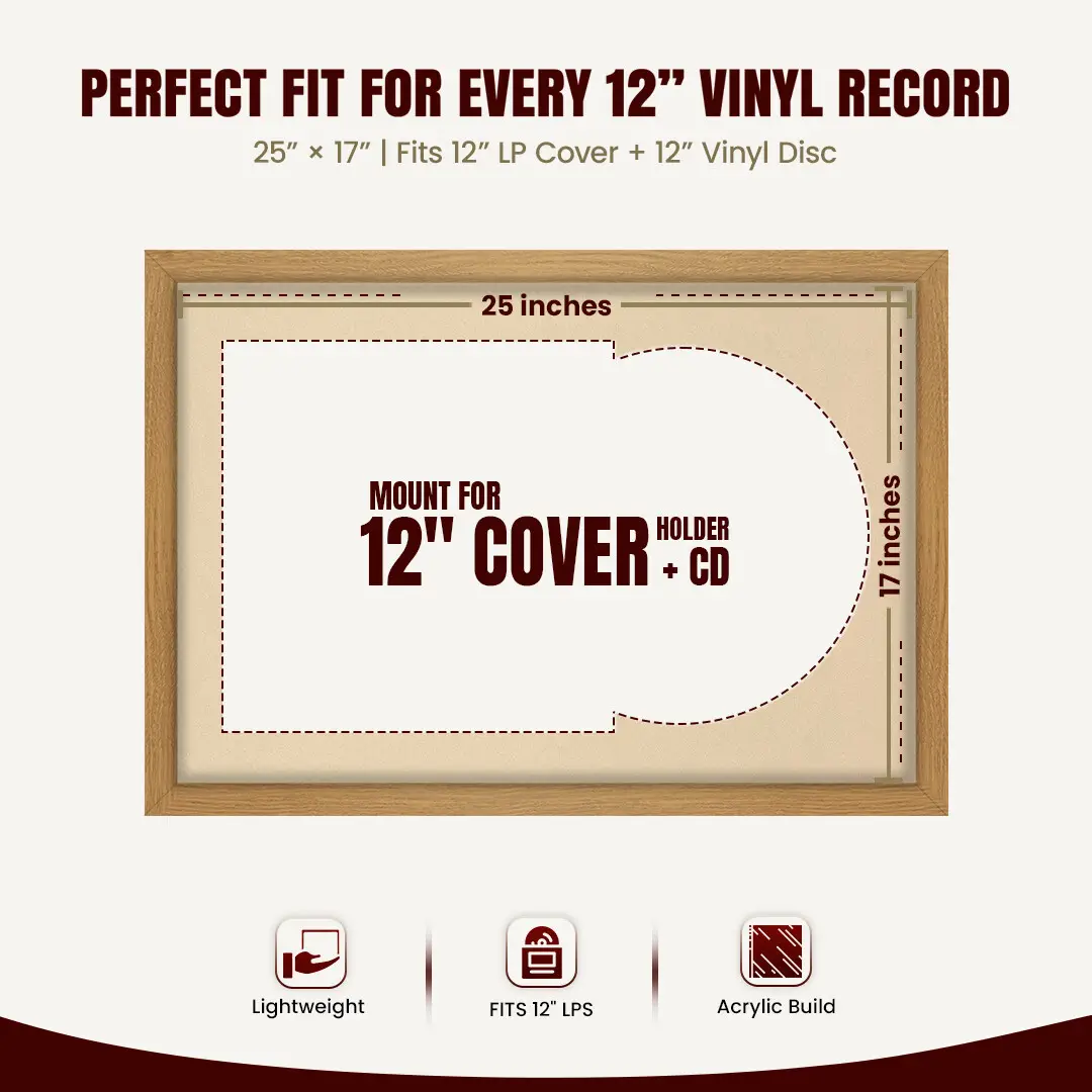 25x17" Modern Sleek Oak Vinyl Record Frame For 12 Inch LP Cover & Disc With Ivory Mount | Overlapped Vinyl Display thumbnail 3