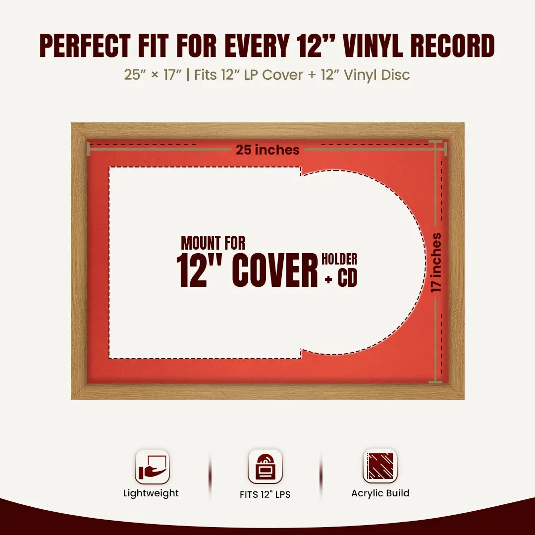 25x17" Modern Sleek Oak Vinyl Record Frame For 12 Inch LP Cover & Disc (Overlapped) With Poppy Red Mount | Elegant Music Display thumbnail 3