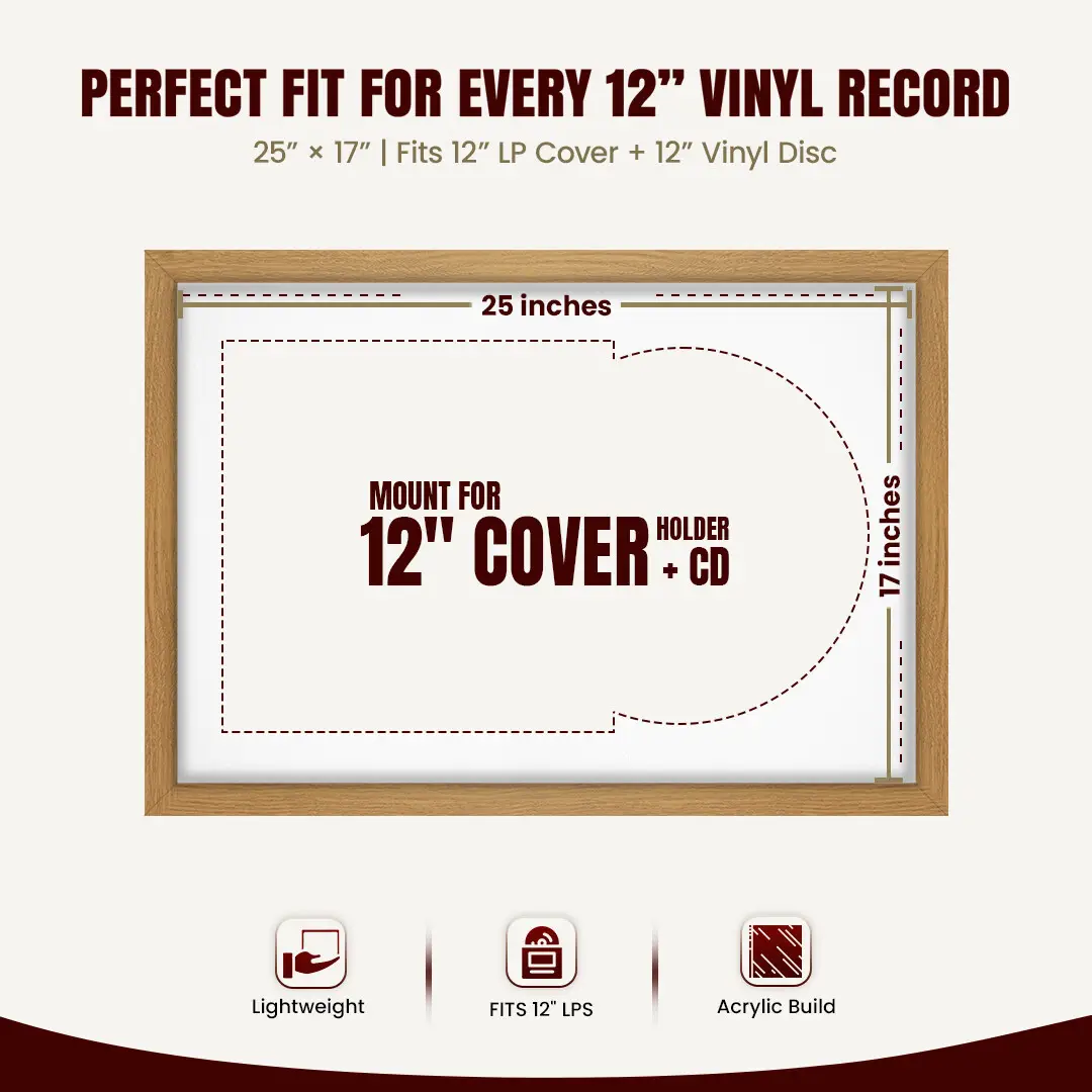 25x17" Modern Sleek Oak Vinyl Record Frame For 12 Inch LP Cover & Disc (Overlapped) With Ice White Mount | Elegant Music Display thumbnail 3