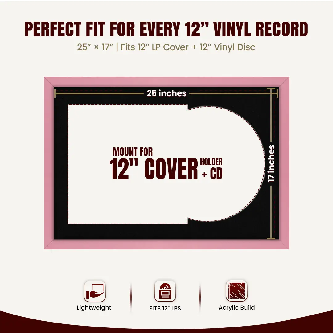 25x17" Modern Sleek Pastel Pink Vinyl Record Frame For 12 Inch LP Cover & Disc (Overlapped) With Black Mount | Elegant Music Display thumbnail 3