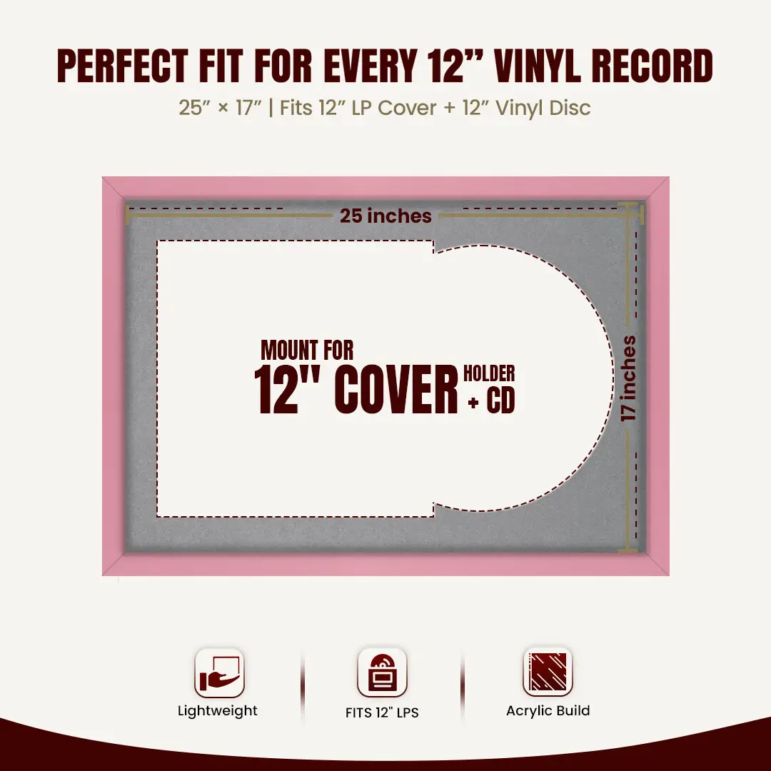 25x17" Modern Sleek Pastel Pink Vinyl Record Frame For 12 Inch LP Cover & Disc (Overlapped) With Mid Grey Mount | Elegant Music Display thumbnail 3