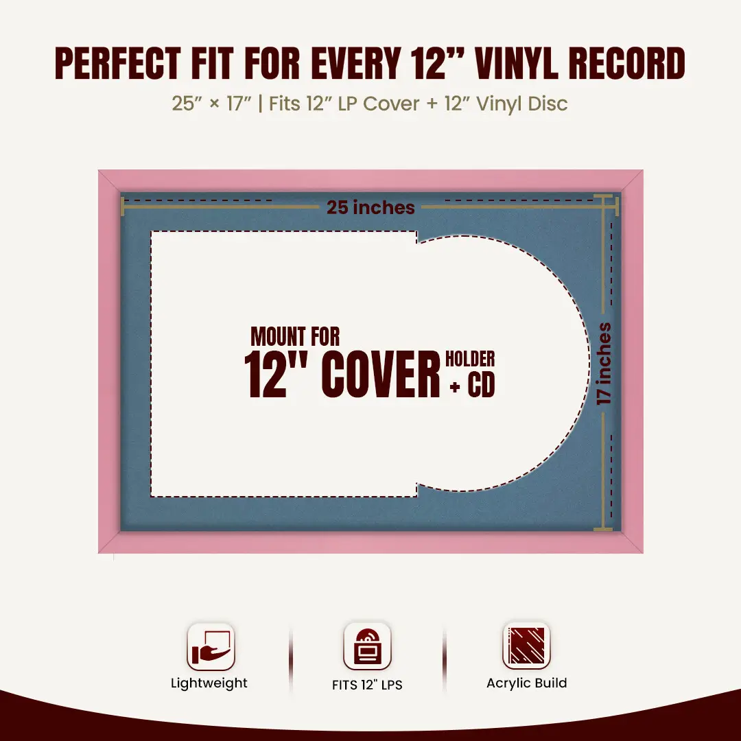 25x17" Modern Sleek Pastel Pink Vinyl Record Frame For 12 Inch LP Cover & Disc (Overlapped) With Pompador Mount | Elegant Music Display thumbnail 3