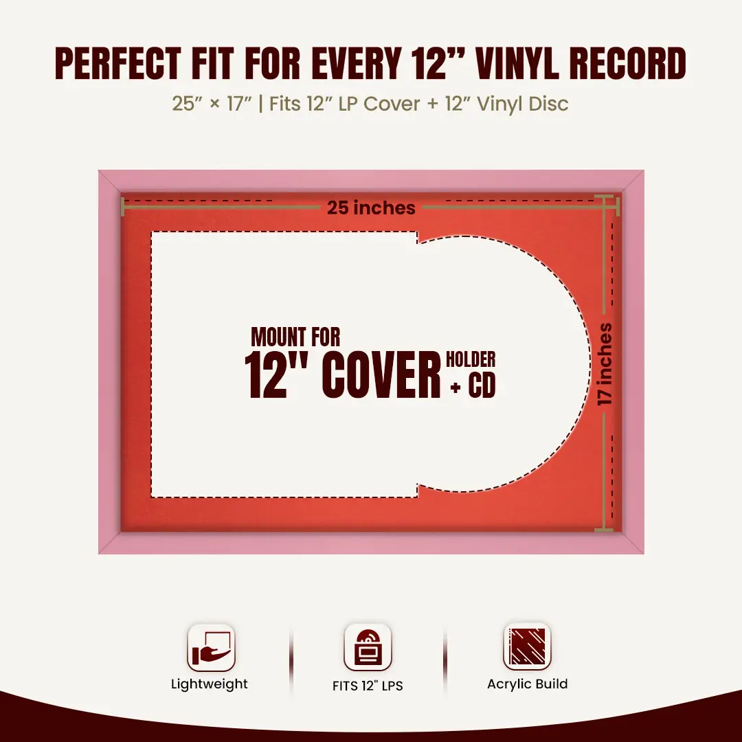 25x17" Modern Sleek Pastel Pink Vinyl Record Frame For 12 Inch LP Cover & Disc With Poppy Red Mount | Overlapped Vinyl Display thumbnail 3