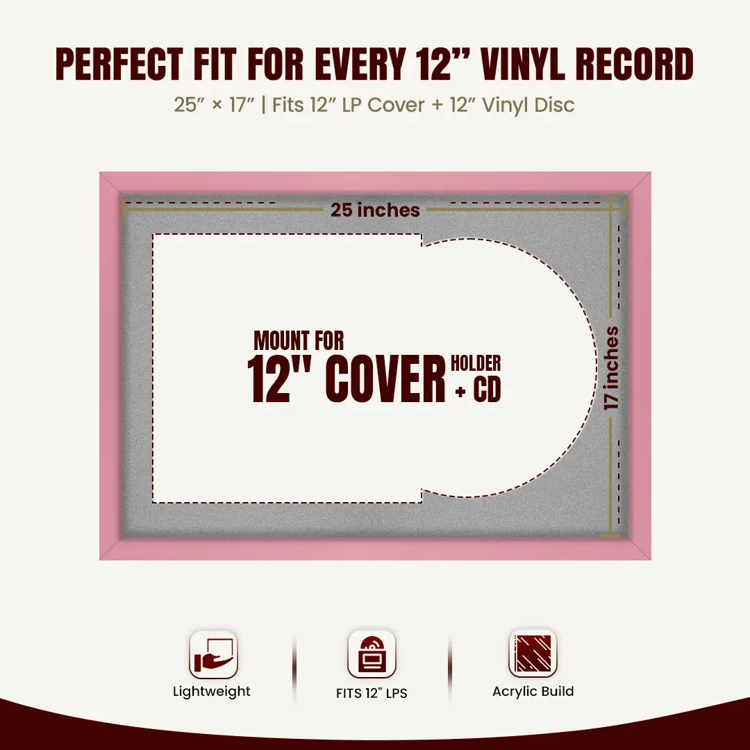 25x17" Modern Sleek Pastel Pink Vinyl Record Frame For 12 Inch LP Cover & Disc With Silver Mount | Overlapped Vinyl Display thumbnail 3