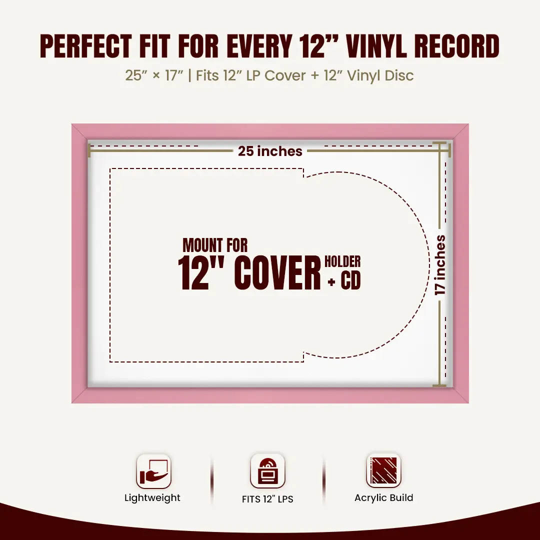 25x17" Modern Sleek Pastel Pink Vinyl Record Frame For LP Cover & Disc With Ice White Mount | Overlapped Display thumbnail 3