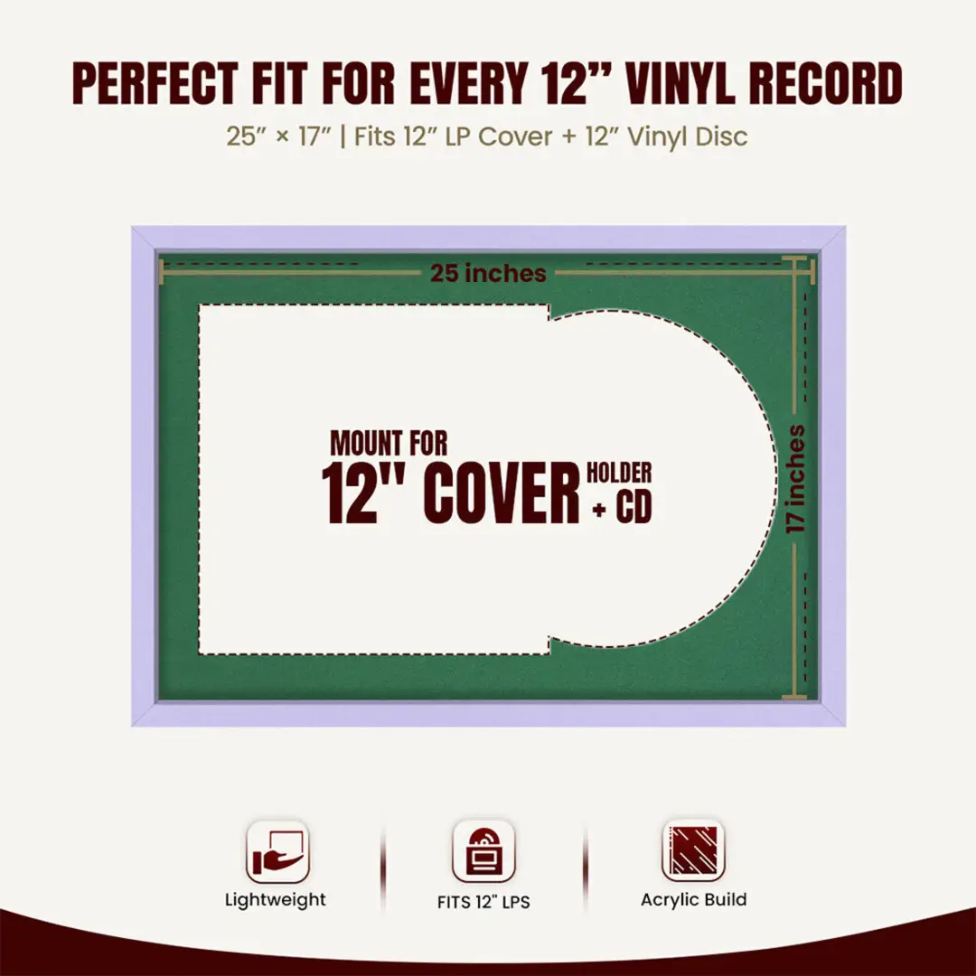25x17" Modern Sleek Purple Vinyl Record Frame For 12 Inch LP Cover & Disc (Overlapped) With Emerald (Green) Mount | Elegant Music Display thumbnail 3