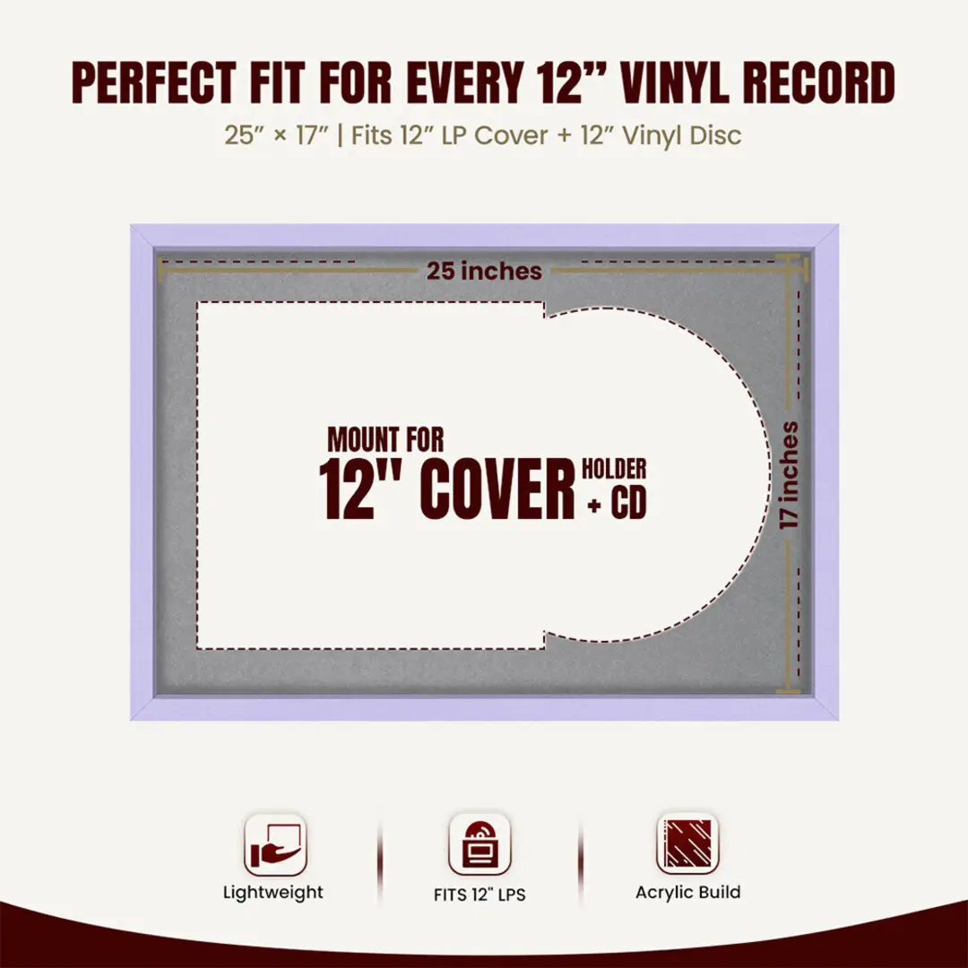 25x17" Modern Sleek Purple Vinyl Record Frame For LP Cover & Disc With Mid Grey Mount | Overlapped Display thumbnail 3