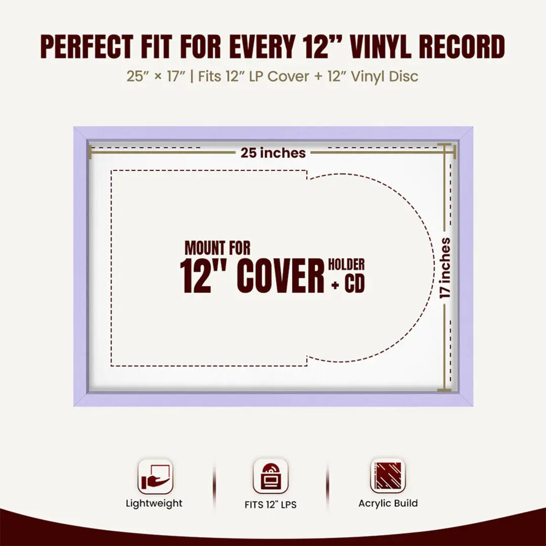 25x17" Modern Sleek Purple Vinyl Record Frame For LP Cover & Disc With Ice White Mount | Overlapped Display thumbnail 3