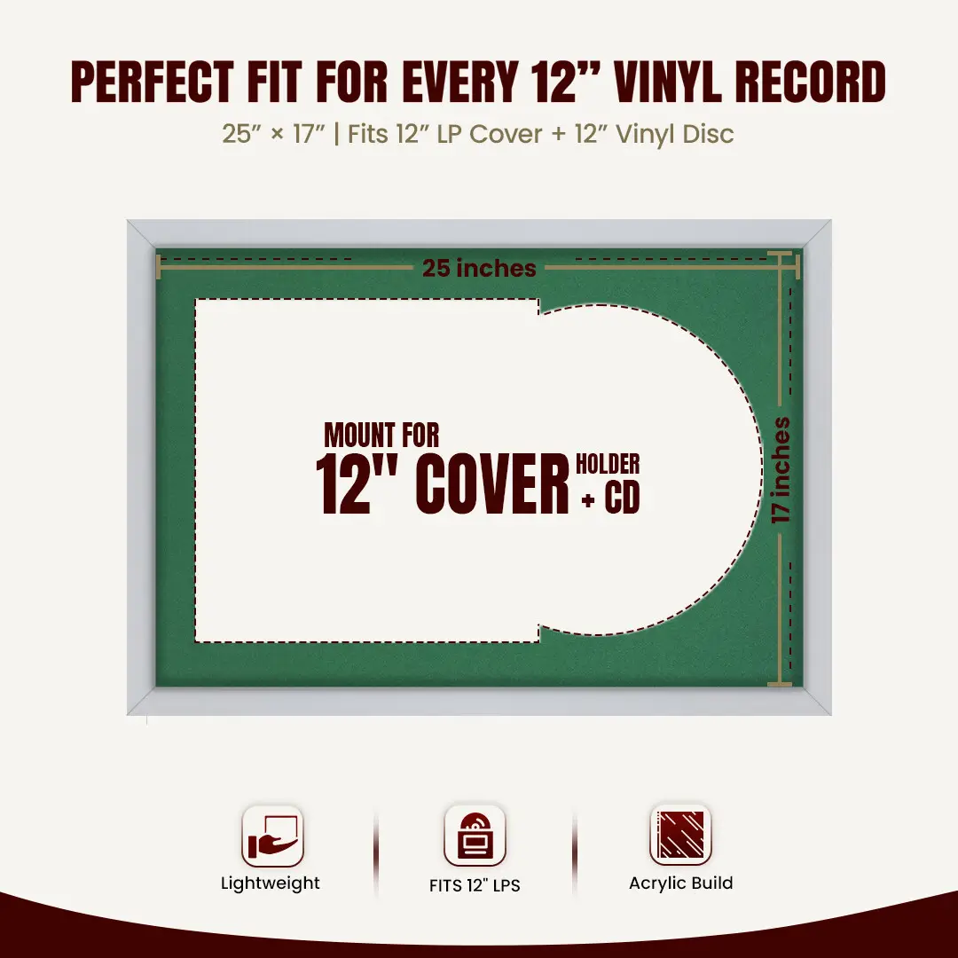 25x17" Modern Sleek Silver Vinyl Record Frame For 12 Inch LP Cover & Disc With Emerald (Green) Mount | Overlapped Vinyl Display thumbnail 3