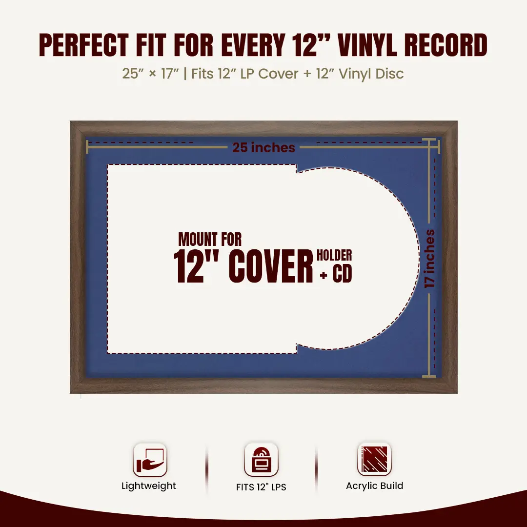 25x17" Modern Sleek Walnut Vinyl Record Frame For LP Cover & Disc With Blue Mount | Overlapped Display thumbnail 3