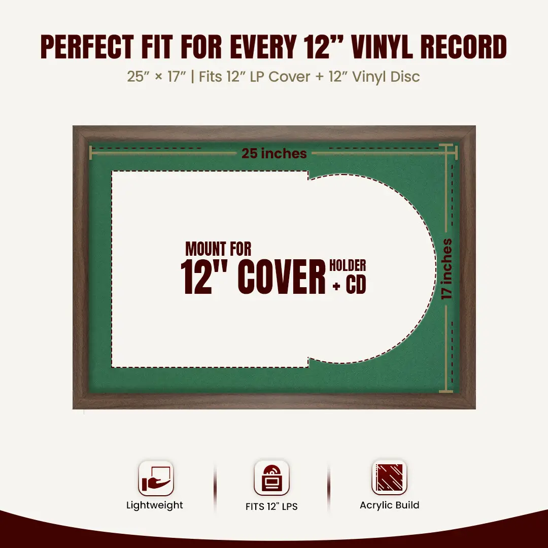 25x17" Modern Sleek Walnut Vinyl Record Frame For 12 Inch LP Cover & Disc (Overlapped) With Emerald (Green) Mount | Elegant Music Display thumbnail 3