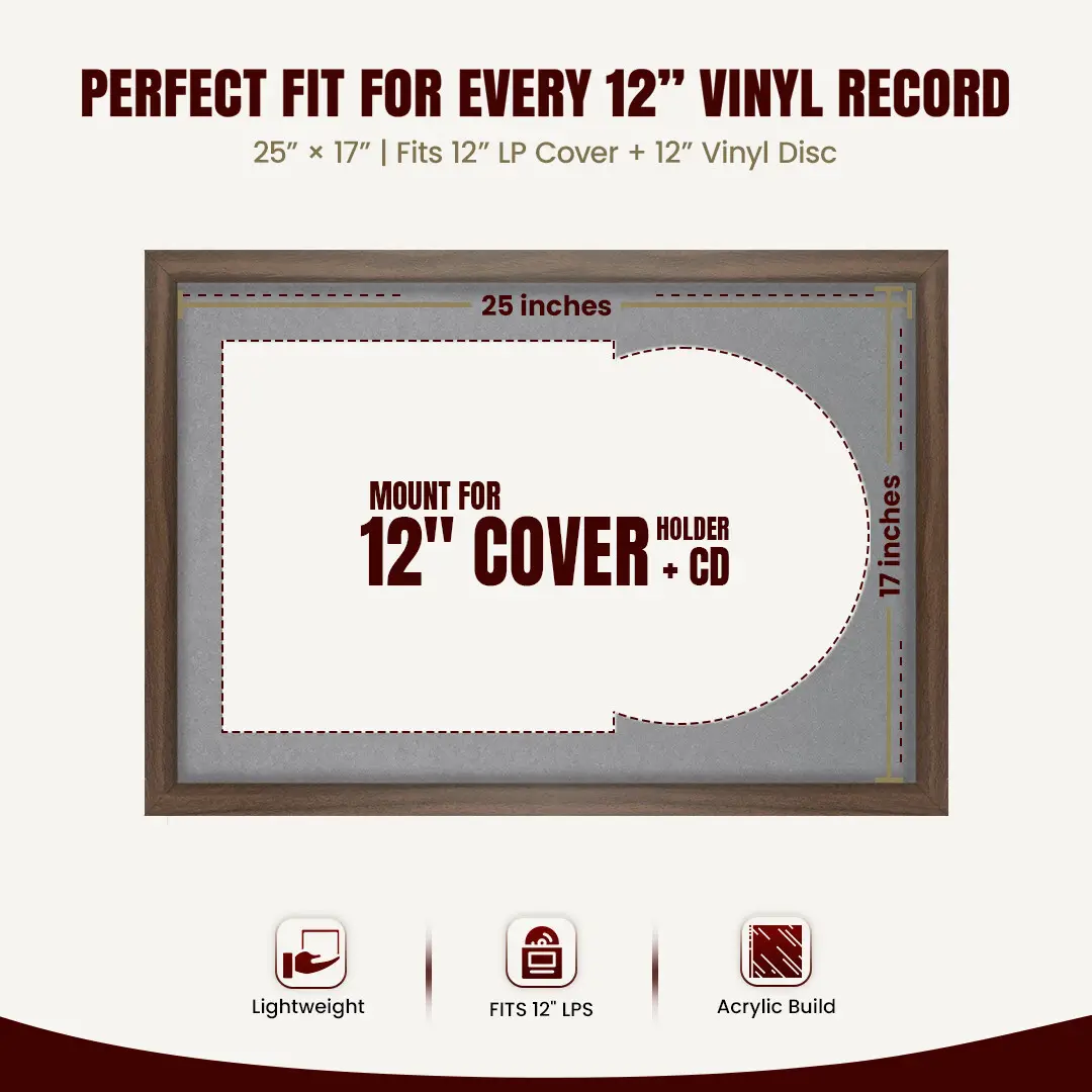 25x17" Modern Sleek Walnut Vinyl Record Frame For LP Cover & Disc With Mid Grey Mount | Overlapped Display thumbnail 3