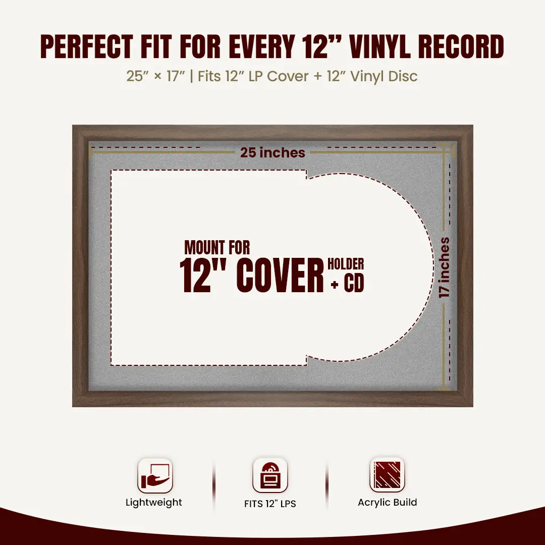 25x17" Modern Sleek Walnut Vinyl Record Frame For LP Cover & Disc With Poppy Red Mount | Overlapped Display thumbnail 3