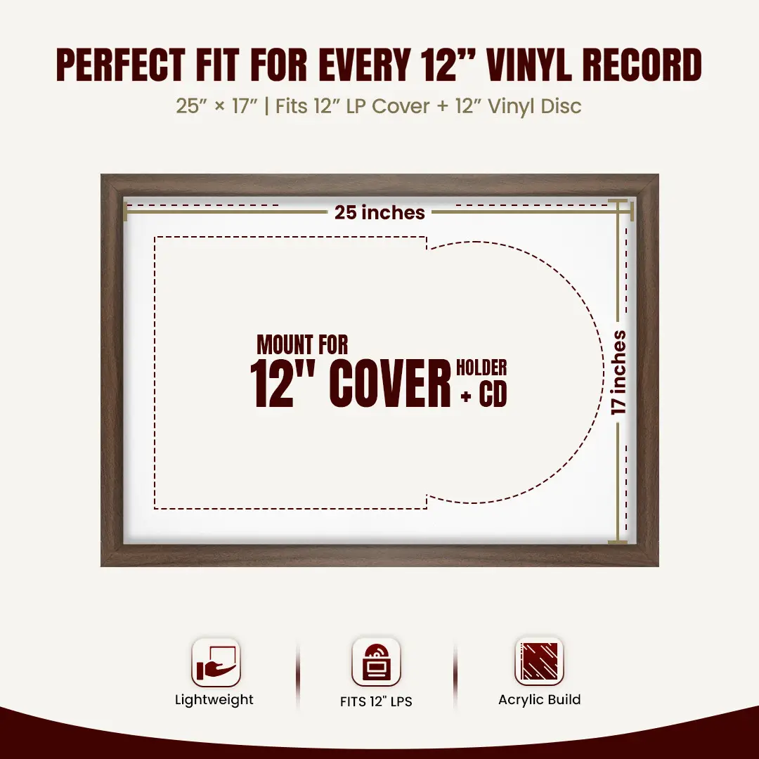 25x17" Modern Sleek Walnut Vinyl Record Frame For 12 Inch LP Cover & Disc (Overlapped) With Ice White Mount | Elegant Music Display thumbnail 3