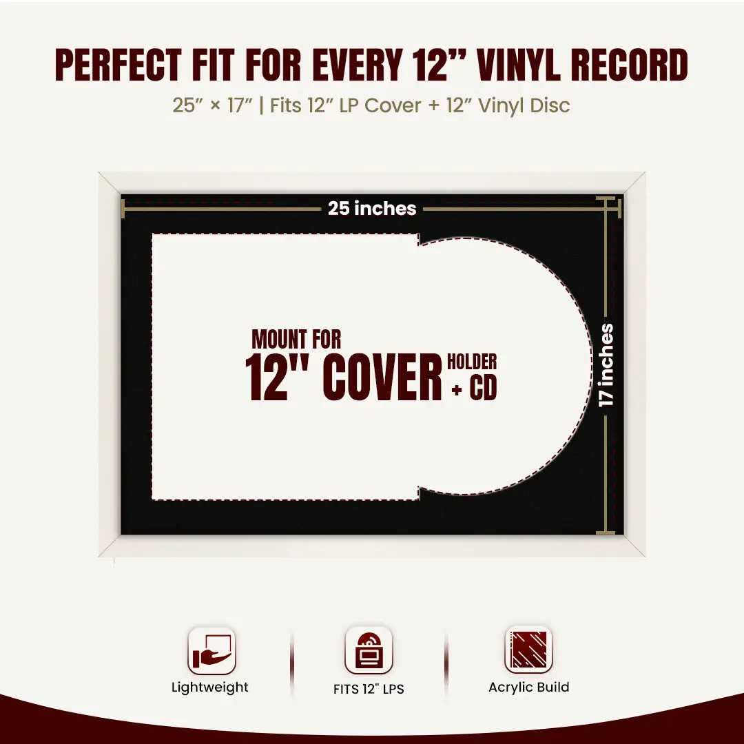 25x17" Modern Sleek White Vinyl Record Frame For 12 Inch LP Cover & Disc With Black Mount | Overlapped Vinyl Display thumbnail 3