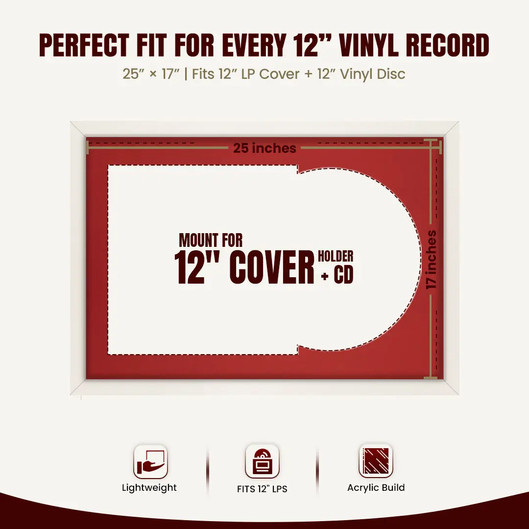 25x17" Modern Sleek White Vinyl Record Frame For LP Cover & Disc With Crimson Mount | Overlapped Display thumbnail 3