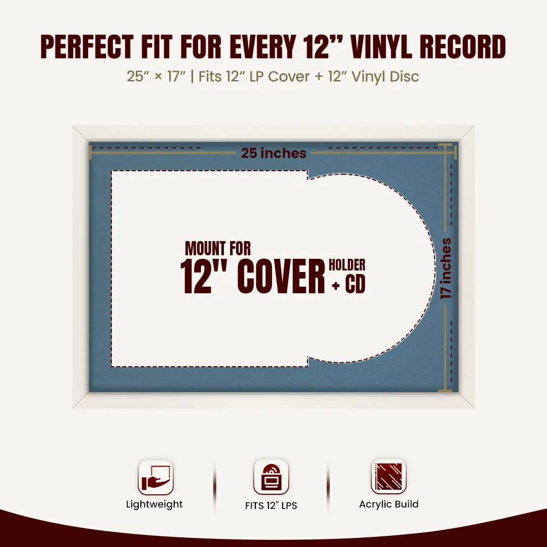 25x17" Modern Sleek White Vinyl Record Frame For 12 Inch LP Cover & Disc With Black Mount | Overlapped Vinyl Display thumbnail 3