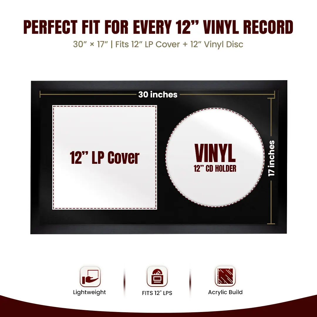 30x17" Modern Sleek Black Vinyl Record Frame With Black Mount | Displays 12" LP Cover & Disc Side by Side thumbnail 3