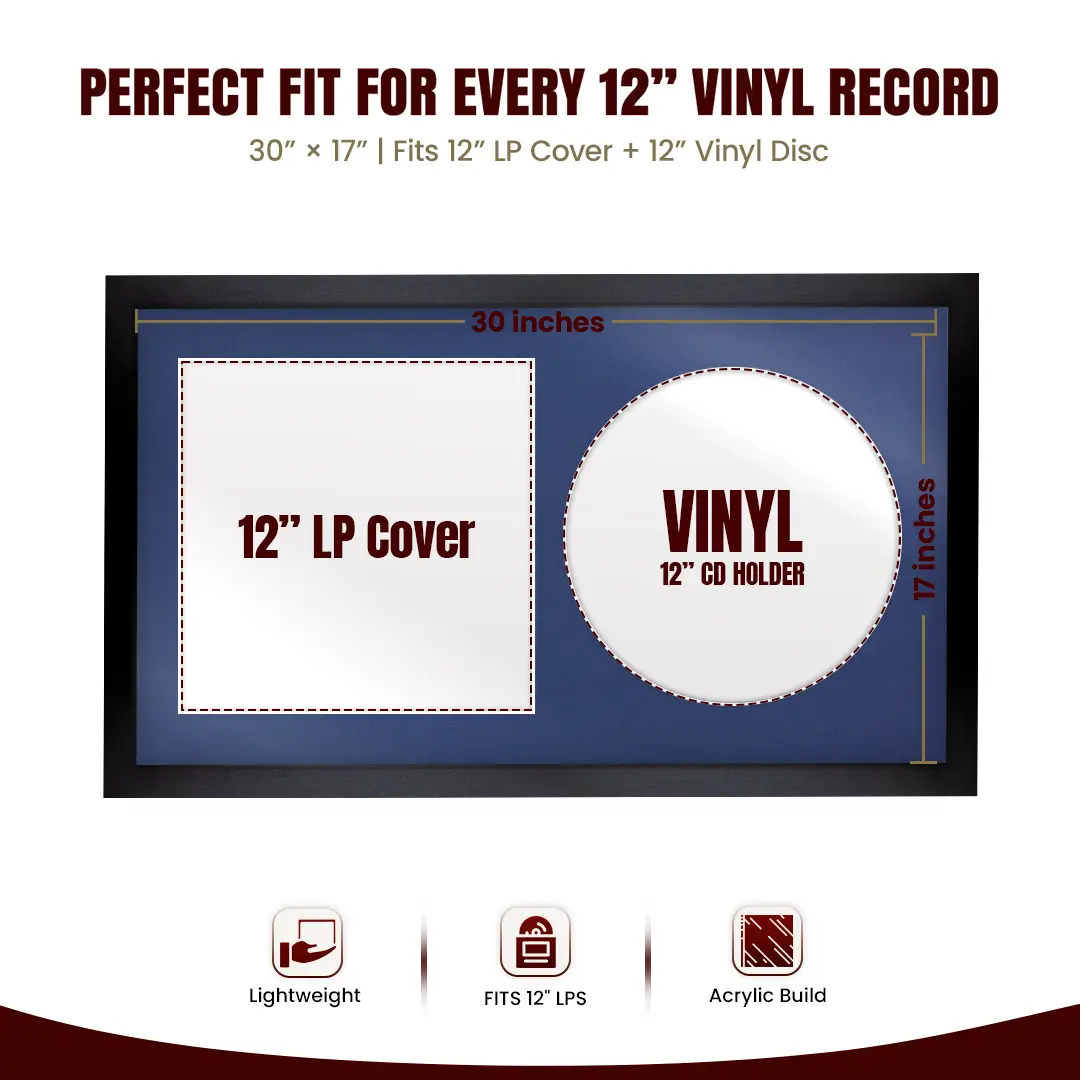 30x17" Modern Sleek Black Vinyl Record Frame With Blue Mount | Displays 12" LP Cover & Disc Side by Side thumbnail 3