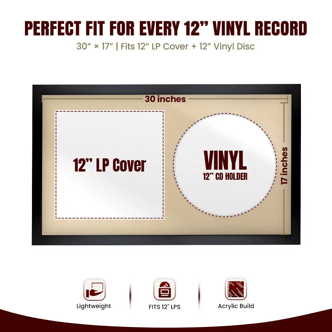 30x17" Modern Sleek Black Vinyl Record Frame With Ivory Mount | Side by Side 12" LP Cover & Disc Display thumbnail 3