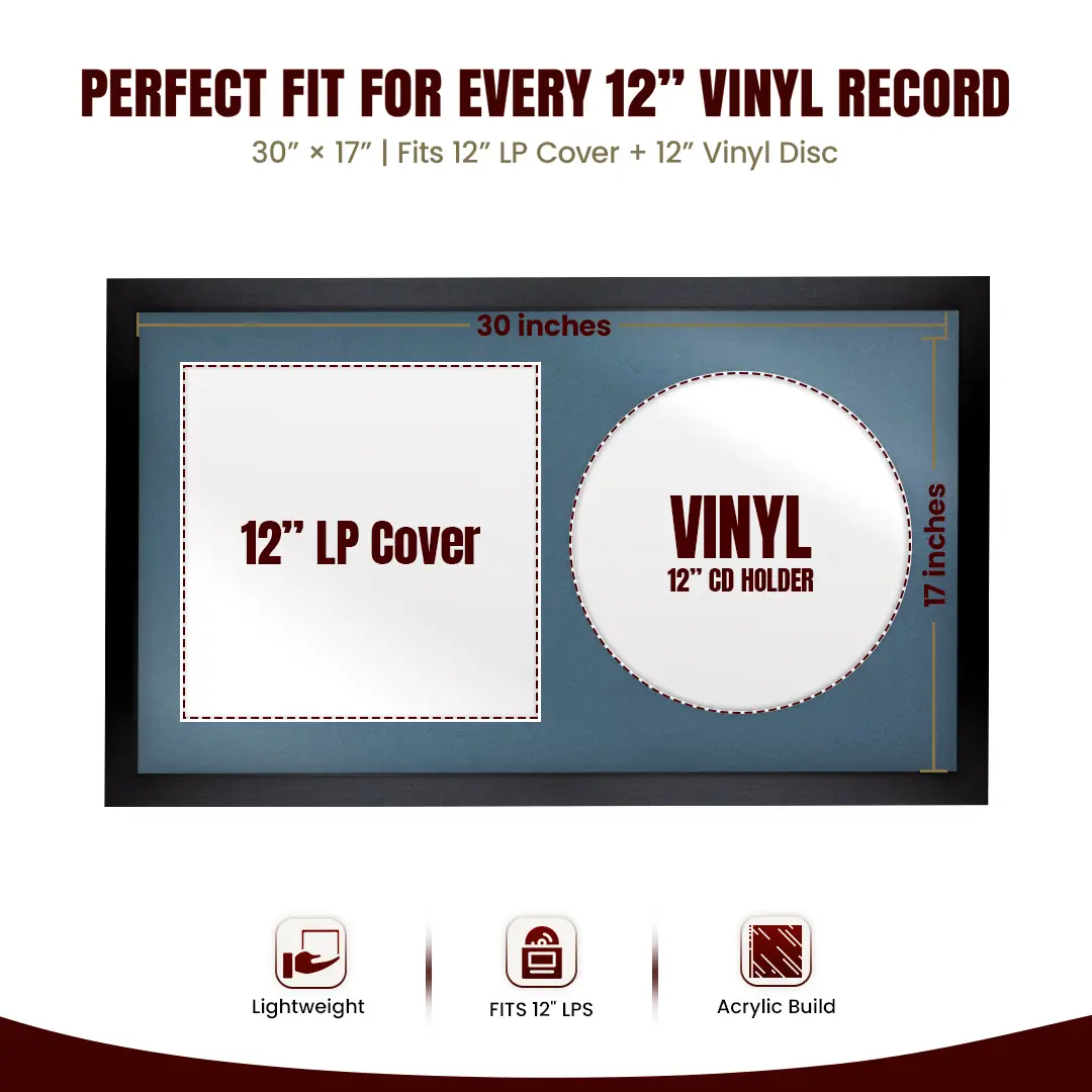 30x17" Modern Sleek Black Vinyl Record Frame With Pompador Mount | Side by Side 12" LP Cover & Disc Display thumbnail 3