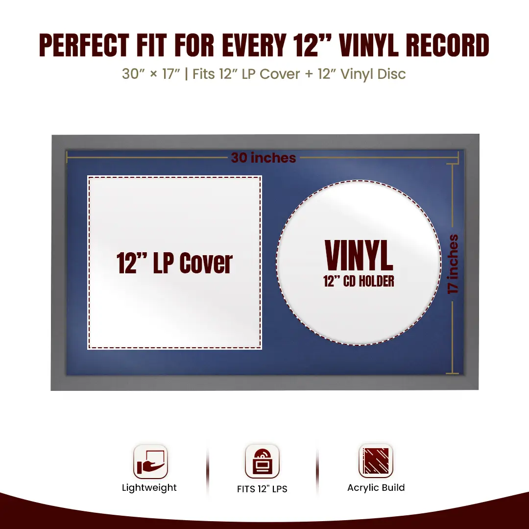 30x17" Modern Sleek Dark Grey Vinyl Record Frame With Silver Mount | For 12" LP Cover and Disc Side By Side Display thumbnail 3