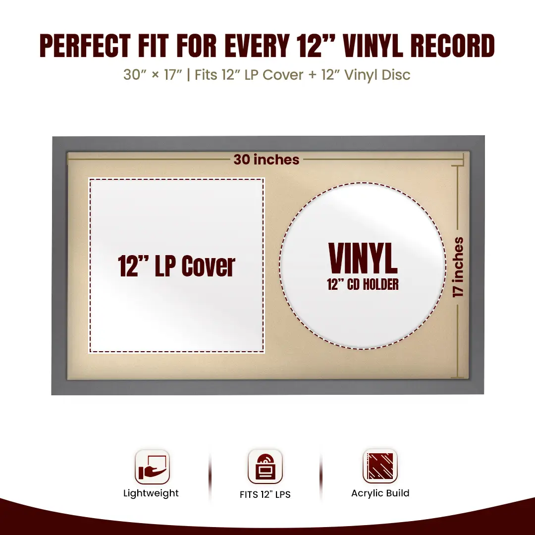 30x17" Modern Sleek Dark Grey Vinyl Record Frame With Ivory Mount | Side by Side 12" LP Cover & Disc Display thumbnail 3