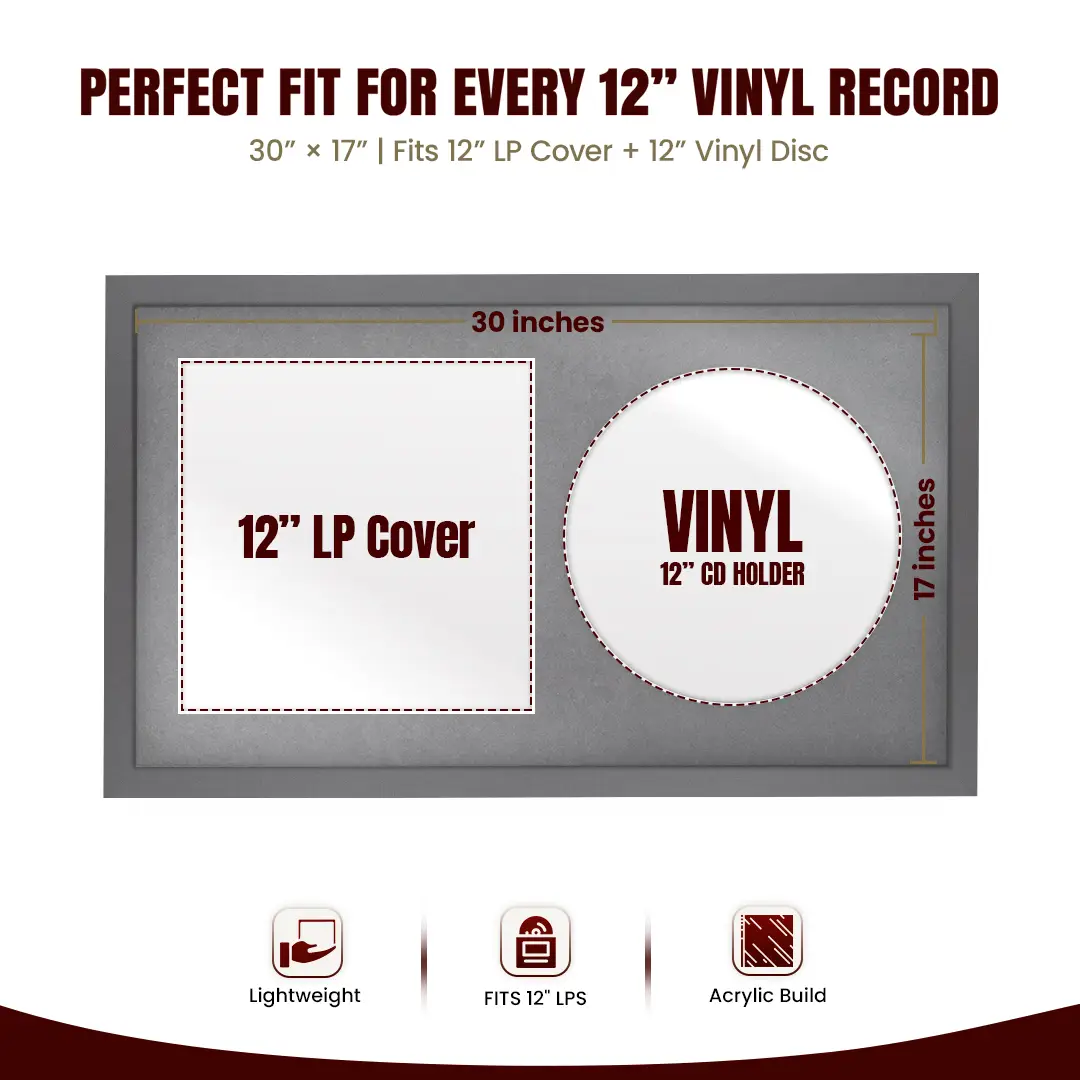 30x17" Modern Sleek Dark Grey Vinyl Record Frame With Mid Grey Mount | Displays 12" LP Cover & Disc Side by Side thumbnail 3