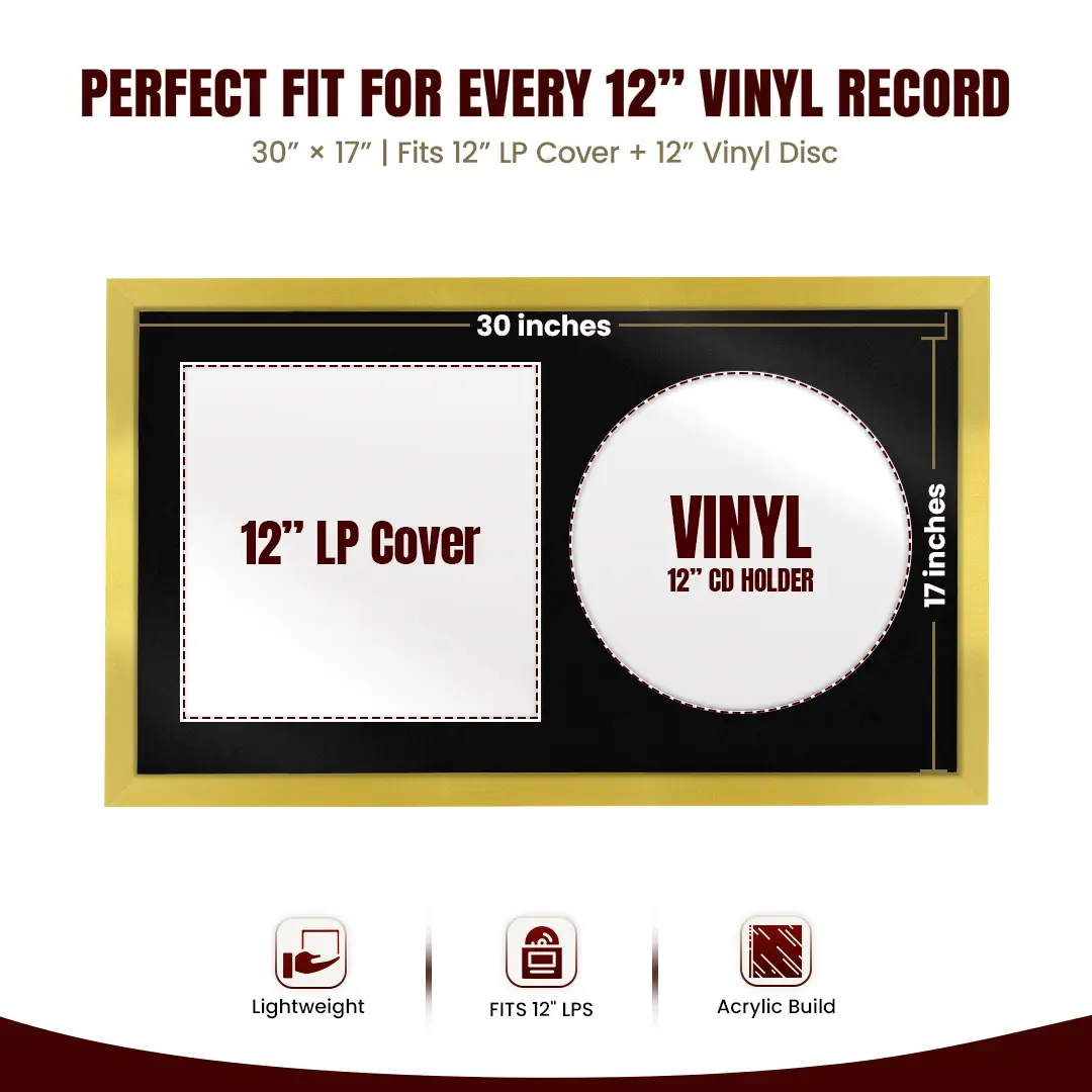 30x17" Modern Sleek Gold Vinyl Record Frame With Black Mount | Displays 12" LP Cover & Disc Side by Side thumbnail 3