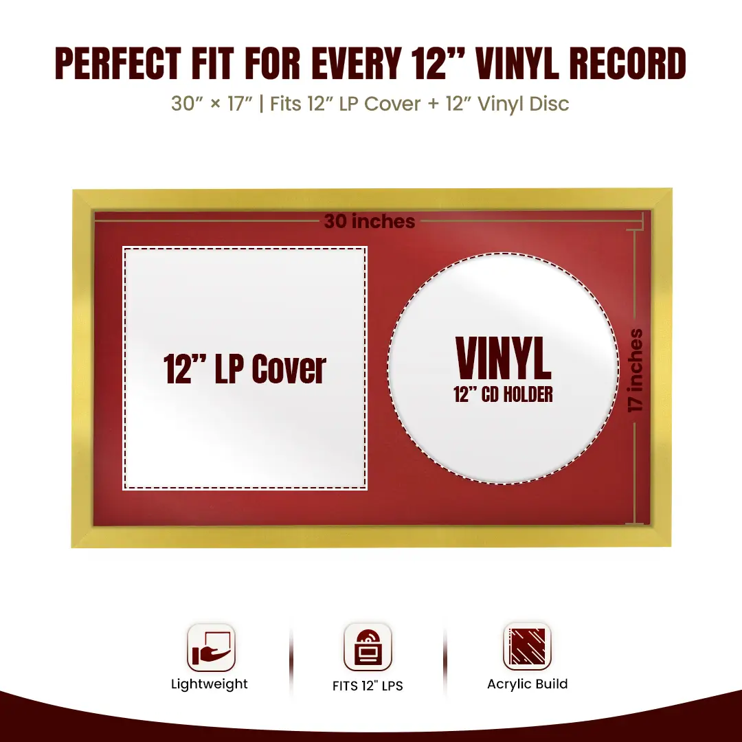 30x17" Modern Sleek Gold Vinyl Record Frame With Crimson Mount | Displays 12" LP Cover & Disc Side by Side thumbnail 3