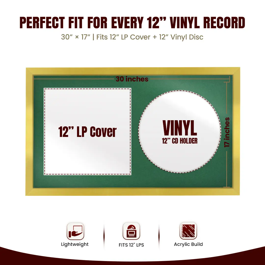 30x17" Modern Sleek Gold Vinyl Record Frame With Emerald (Green) Mount | Displays 12" LP Cover & Disc Side by Side thumbnail 3